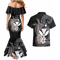 Hawaiian Whale and Kanaka Maoli Symbol Couples Matching Mermaid Dress and Hawaiian Shirt Hibiscus with Hawaii Map and Polynesian Tattoo Grayscale Color LT03 - Polynesian Pride