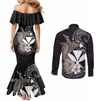 Hawaiian Whale and Kanaka Maoli Symbol Couples Matching Mermaid Dress and Long Sleeve Button Shirt Hibiscus with Hawaii Map and Polynesian Tattoo Grayscale Color LT03 - Polynesian Pride