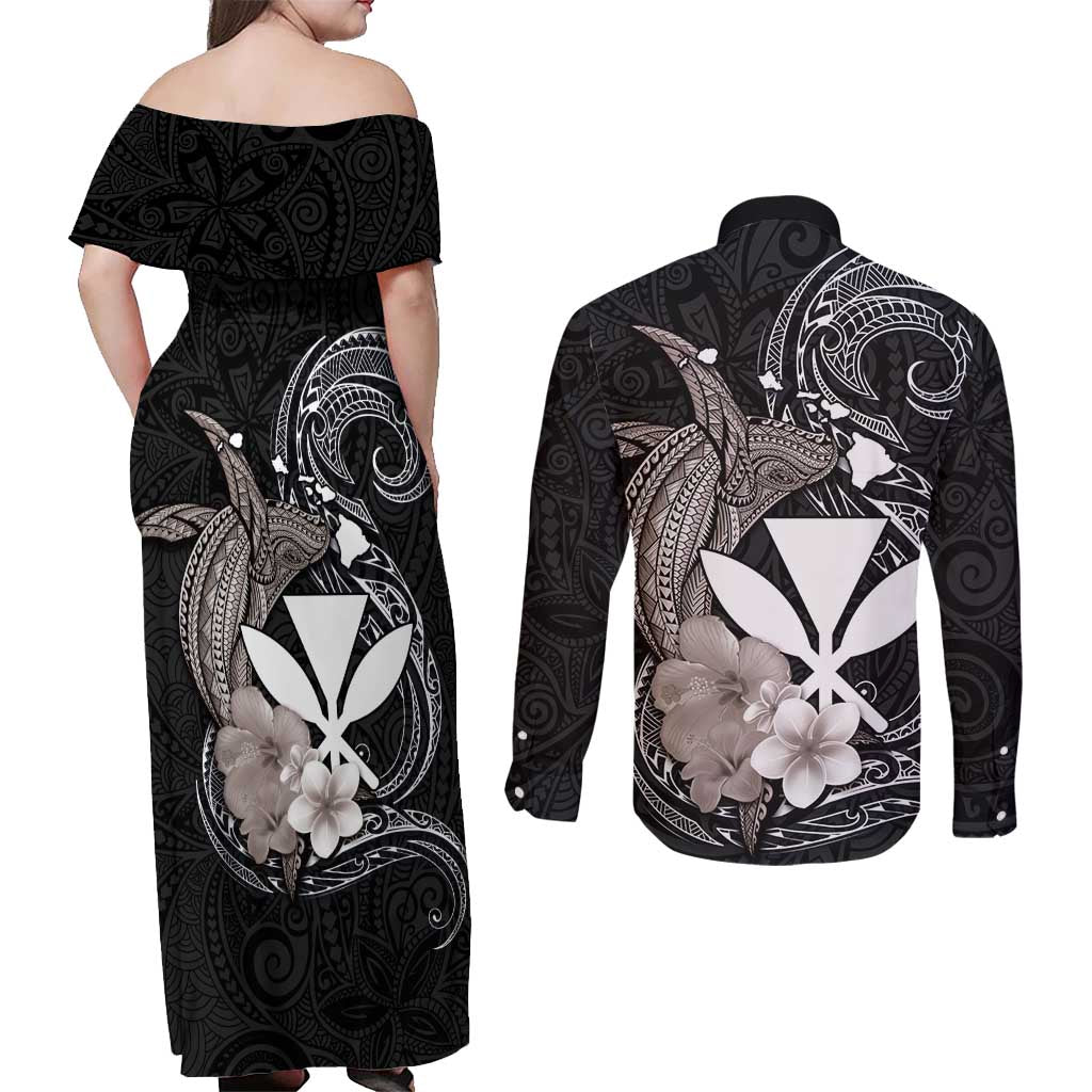 Hawaiian Whale and Kanaka Maoli Symbol Couples Matching Off Shoulder Maxi Dress and Long Sleeve Button Shirt Hibiscus with Hawaii Map and Polynesian Tattoo Grayscale Color LT03 - Polynesian Pride