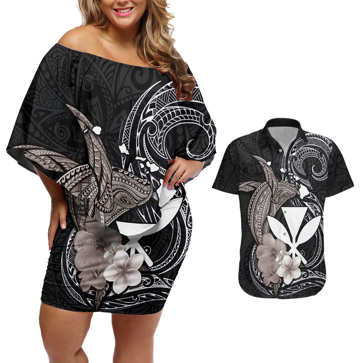 Hawaiian Whale and Kanaka Maoli Symbol Couples Matching Off Shoulder Short Dress and Hawaiian Shirt Hibiscus with Hawaii Map and Polynesian Tattoo Grayscale Color LT03 Black - Polynesian Pride