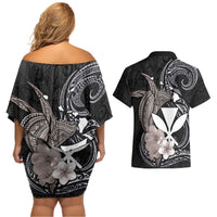 Hawaiian Whale and Kanaka Maoli Symbol Couples Matching Off Shoulder Short Dress and Hawaiian Shirt Hibiscus with Hawaii Map and Polynesian Tattoo Grayscale Color LT03 - Polynesian Pride