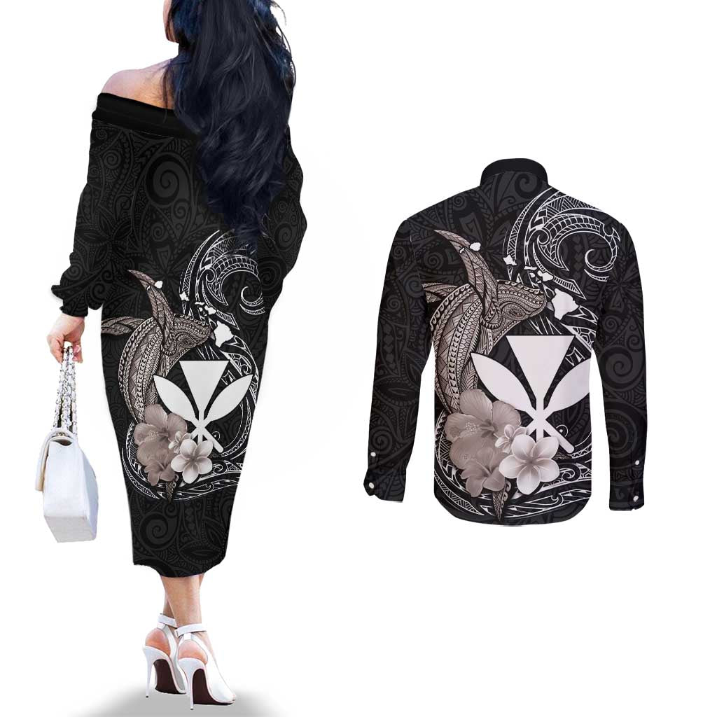Hawaiian Whale and Kanaka Maoli Symbol Couples Matching Off The Shoulder Long Sleeve Dress and Long Sleeve Button Shirt Hibiscus with Hawaii Map and Polynesian Tattoo Grayscale Color LT03 - Polynesian Pride