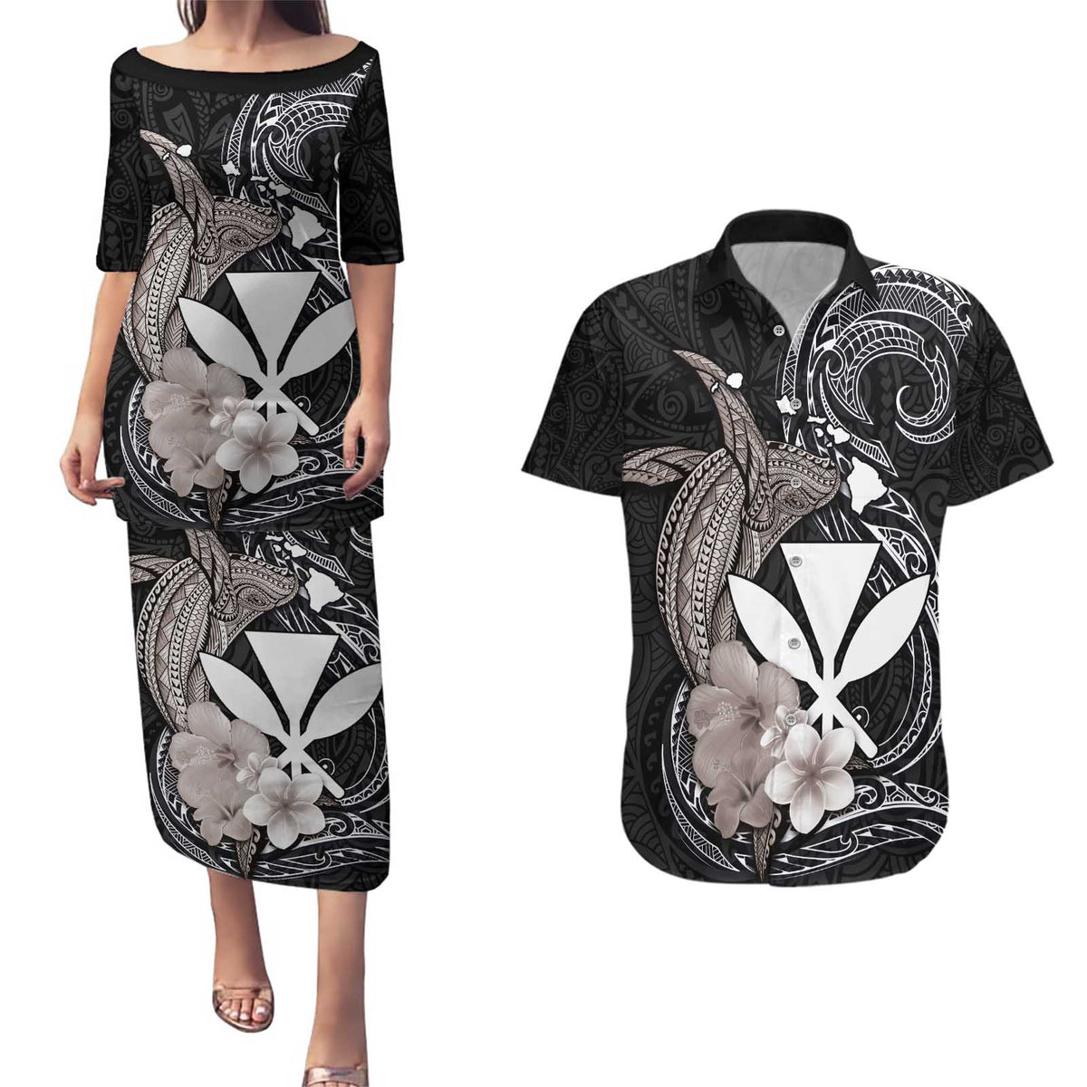 Hawaiian Whale and Kanaka Maoli Symbol Couples Matching Puletasi and Hawaiian Shirt Hibiscus with Hawaii Map and Polynesian Tattoo Grayscale Color LT03 Black - Polynesian Pride
