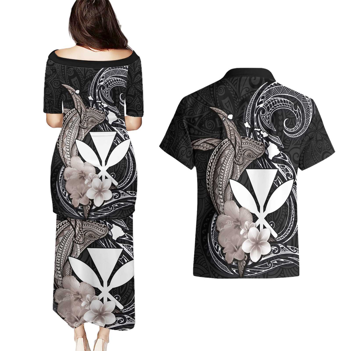 Hawaiian Whale and Kanaka Maoli Symbol Couples Matching Puletasi and Hawaiian Shirt Hibiscus with Hawaii Map and Polynesian Tattoo Grayscale Color LT03 - Polynesian Pride