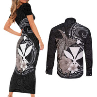Hawaiian Whale and Kanaka Maoli Symbol Couples Matching Short Sleeve Bodycon Dress and Long Sleeve Button Shirt Hibiscus with Hawaii Map and Polynesian Tattoo Grayscale Color LT03 - Polynesian Pride