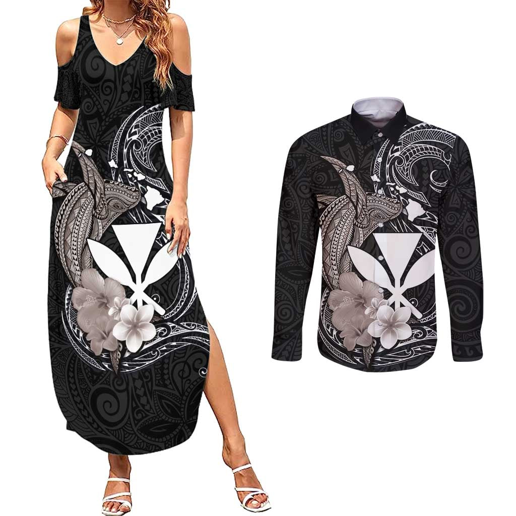 Hawaiian Whale and Kanaka Maoli Symbol Couples Matching Summer Maxi Dress and Long Sleeve Button Shirt Hibiscus with Hawaii Map and Polynesian Tattoo Grayscale Color LT03 Black - Polynesian Pride