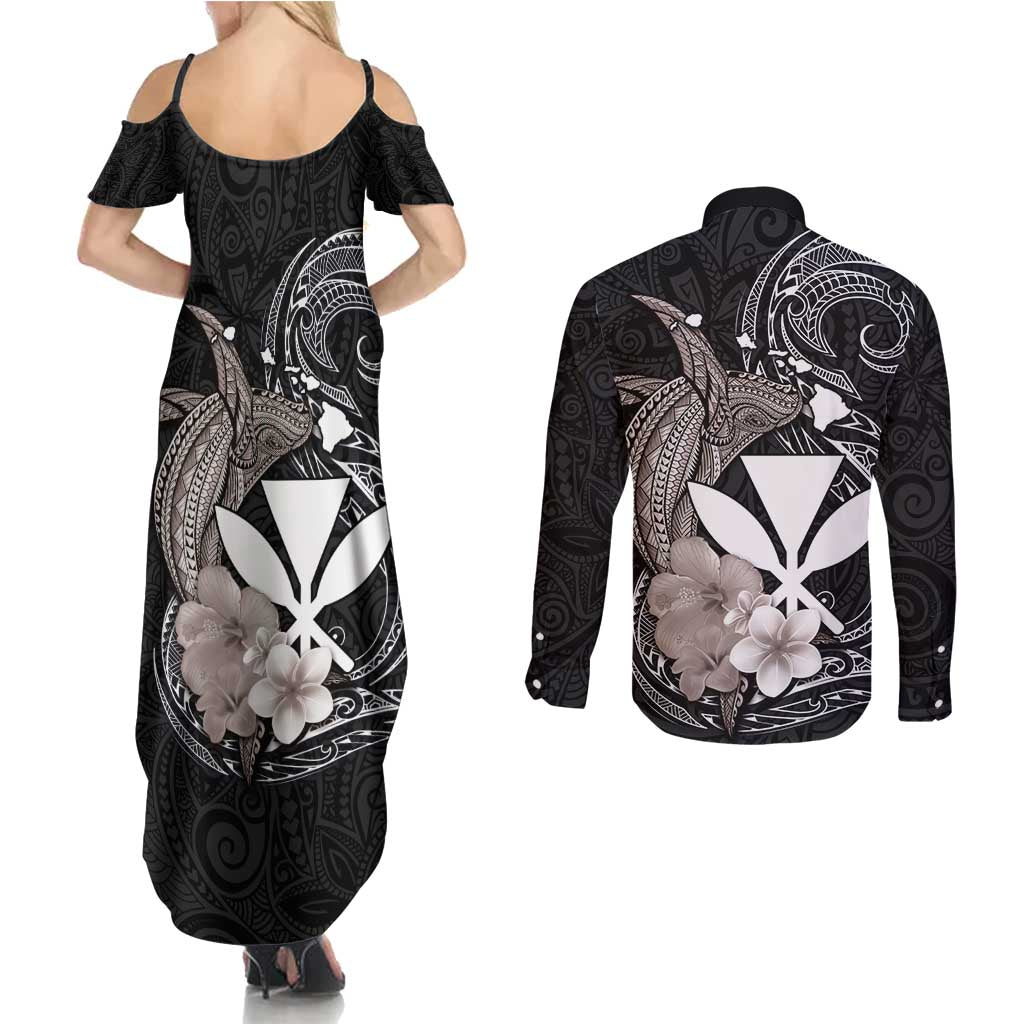 Hawaiian Whale and Kanaka Maoli Symbol Couples Matching Summer Maxi Dress and Long Sleeve Button Shirt Hibiscus with Hawaii Map and Polynesian Tattoo Grayscale Color LT03 - Polynesian Pride