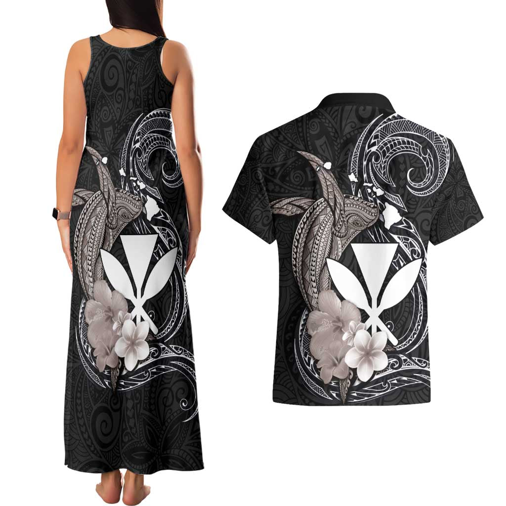 Hawaiian Whale and Kanaka Maoli Symbol Couples Matching Tank Maxi Dress and Hawaiian Shirt Hibiscus with Hawaii Map and Polynesian Tattoo Grayscale Color LT03 - Polynesian Pride
