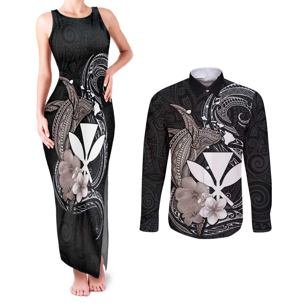 Hawaiian Whale and Kanaka Maoli Symbol Couples Matching Tank Maxi Dress and Long Sleeve Button Shirt Hibiscus with Hawaii Map and Polynesian Tattoo Grayscale Color LT03 Black - Polynesian Pride