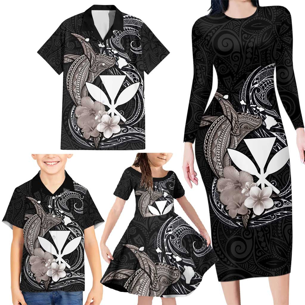 Hawaiian Whale and Kanaka Maoli Symbol Family Matching Long Sleeve Bodycon Dress and Hawaiian Shirt Hibiscus with Hawaii Map and Polynesian Tattoo Grayscale Color LT03 - Polynesian Pride