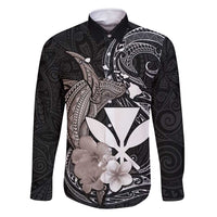 Hawaiian Whale and Kanaka Maoli Symbol Family Matching Long Sleeve Bodycon Dress and Hawaiian Shirt Hibiscus with Hawaii Map and Polynesian Tattoo Grayscale Color LT03 Dad's Shirt - Long Sleeve Black - Polynesian Pride