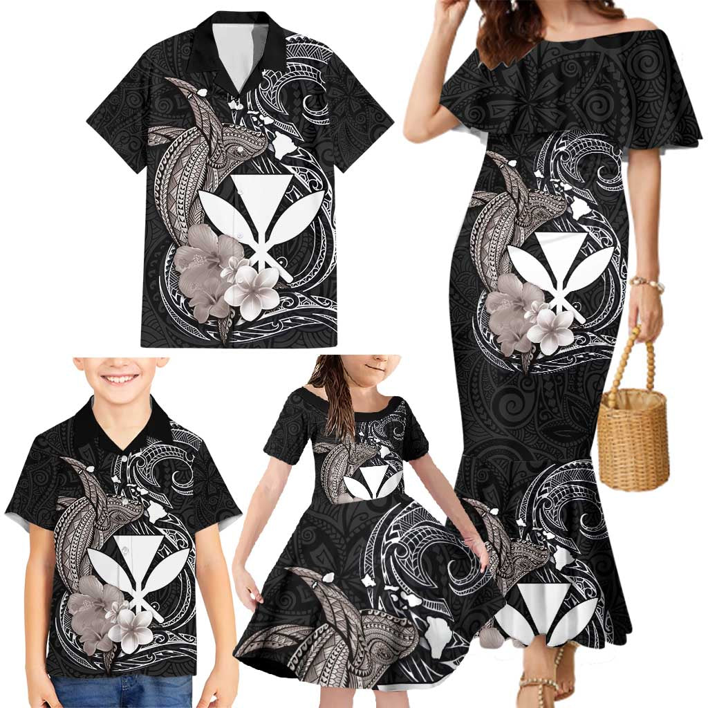 Hawaiian Whale and Kanaka Maoli Symbol Family Matching Mermaid Dress and Hawaiian Shirt Hibiscus with Hawaii Map and Polynesian Tattoo Grayscale Color LT03 - Polynesian Pride