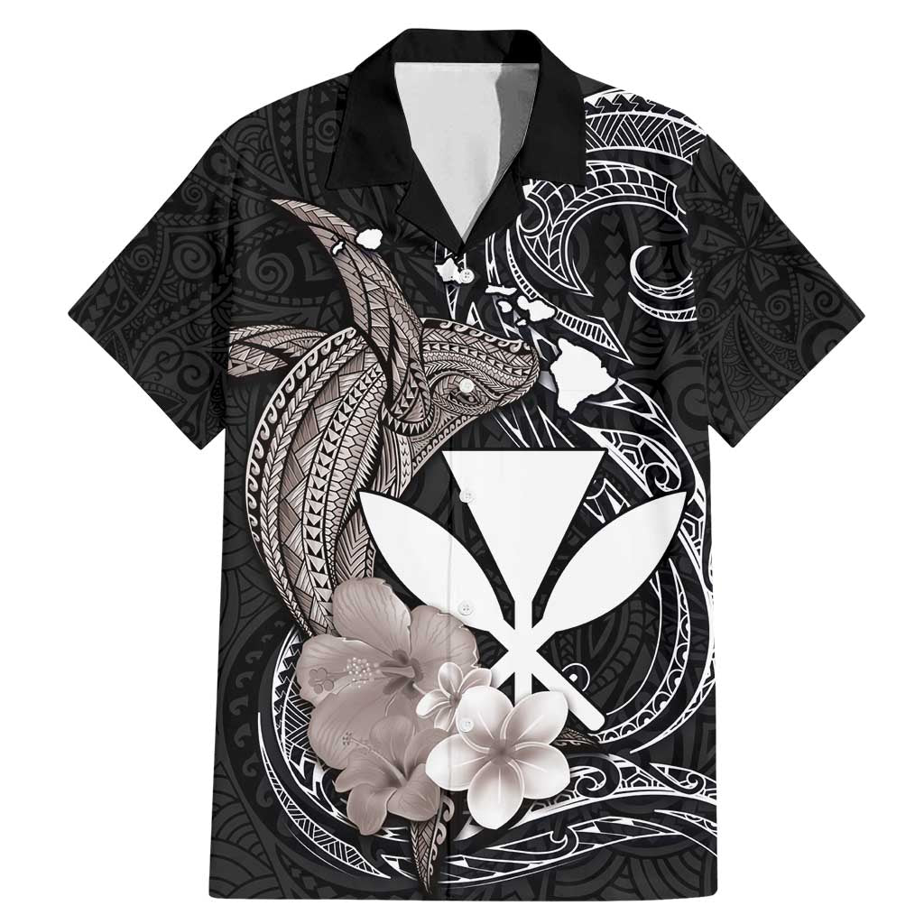 Hawaiian Whale and Kanaka Maoli Symbol Family Matching Mermaid Dress and Hawaiian Shirt Hibiscus with Hawaii Map and Polynesian Tattoo Grayscale Color LT03 Dad's Shirt - Short Sleeve Black - Polynesian Pride