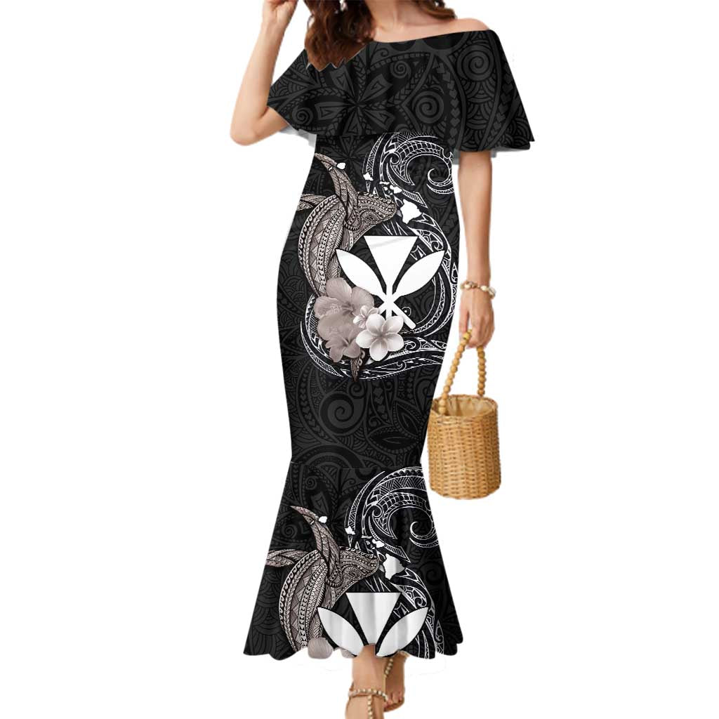 Hawaiian Whale and Kanaka Maoli Symbol Family Matching Mermaid Dress and Hawaiian Shirt Hibiscus with Hawaii Map and Polynesian Tattoo Grayscale Color LT03 Mom's Dress Black - Polynesian Pride