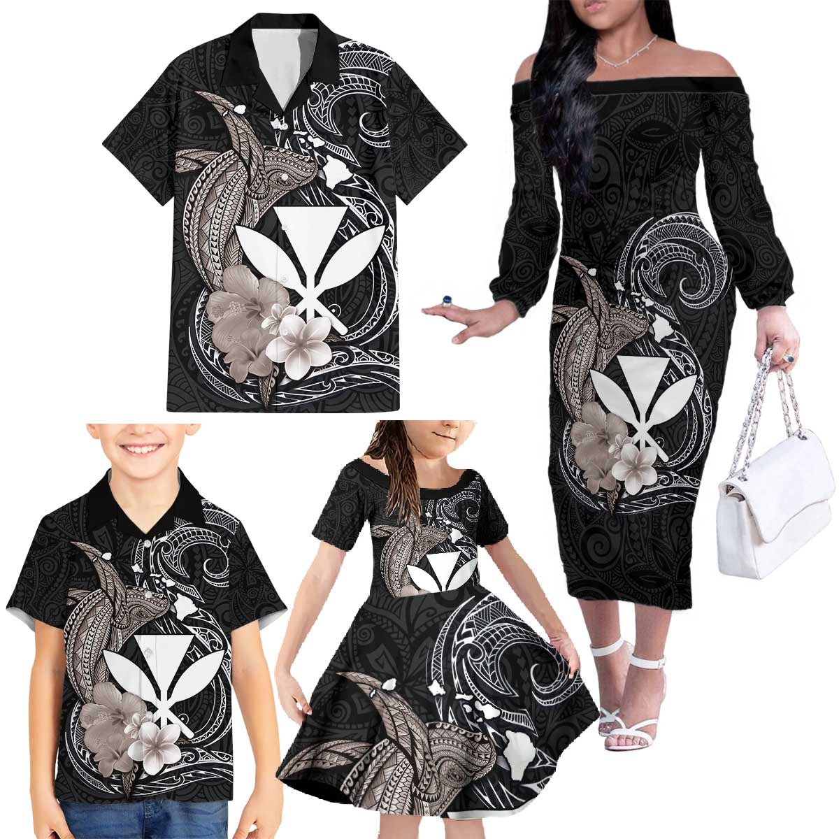 Hawaiian Whale and Kanaka Maoli Symbol Family Matching Off The Shoulder Long Sleeve Dress and Hawaiian Shirt Hibiscus with Hawaii Map and Polynesian Tattoo Grayscale Color LT03 - Polynesian Pride