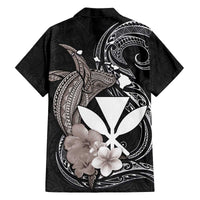 Hawaiian Whale and Kanaka Maoli Symbol Family Matching Off The Shoulder Long Sleeve Dress and Hawaiian Shirt Hibiscus with Hawaii Map and Polynesian Tattoo Grayscale Color LT03 - Polynesian Pride