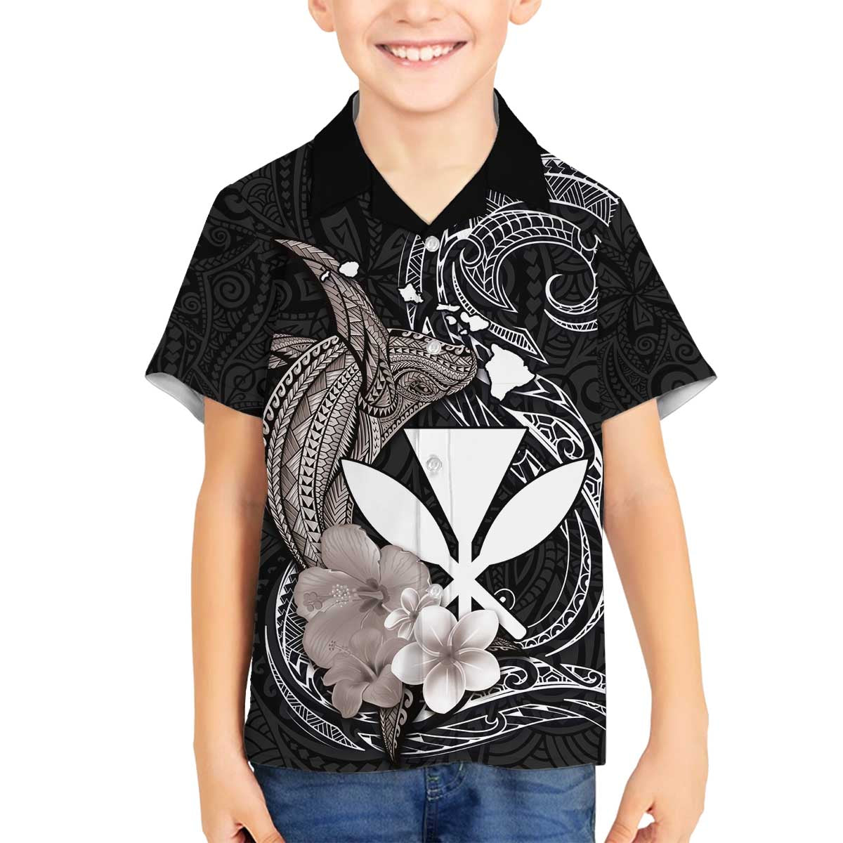 Hawaiian Whale and Kanaka Maoli Symbol Family Matching Off The Shoulder Long Sleeve Dress and Hawaiian Shirt Hibiscus with Hawaii Map and Polynesian Tattoo Grayscale Color LT03 Son's Shirt Black - Polynesian Pride