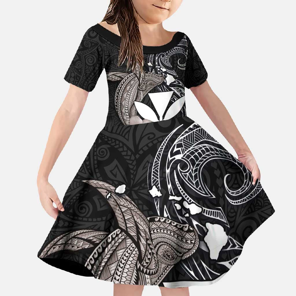 Hawaiian Whale and Kanaka Maoli Symbol Family Matching Off Shoulder Maxi Dress and Hawaiian Shirt Hibiscus with Hawaii Map and Polynesian Tattoo Grayscale Color LT03 Daughter's Dress Black - Polynesian Pride