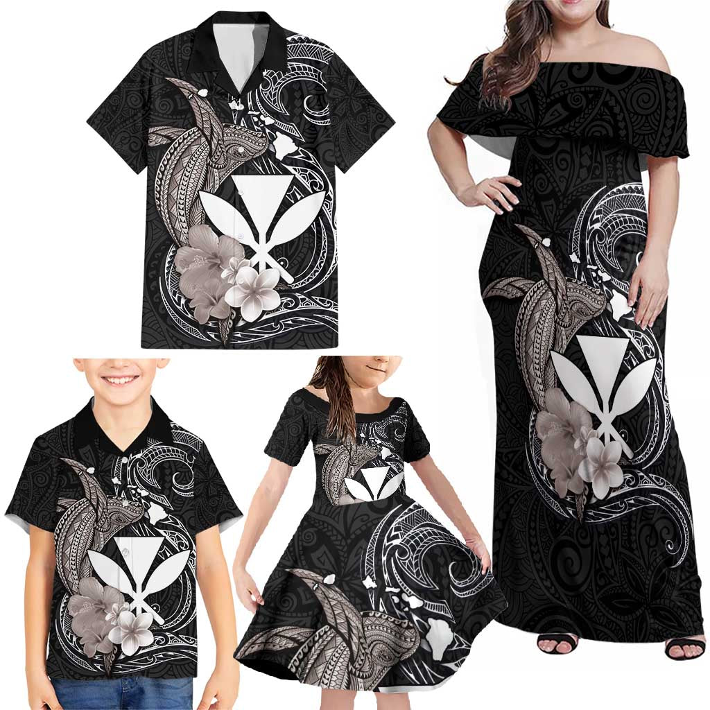 Hawaiian Whale and Kanaka Maoli Symbol Family Matching Off Shoulder Maxi Dress and Hawaiian Shirt Hibiscus with Hawaii Map and Polynesian Tattoo Grayscale Color LT03 - Polynesian Pride