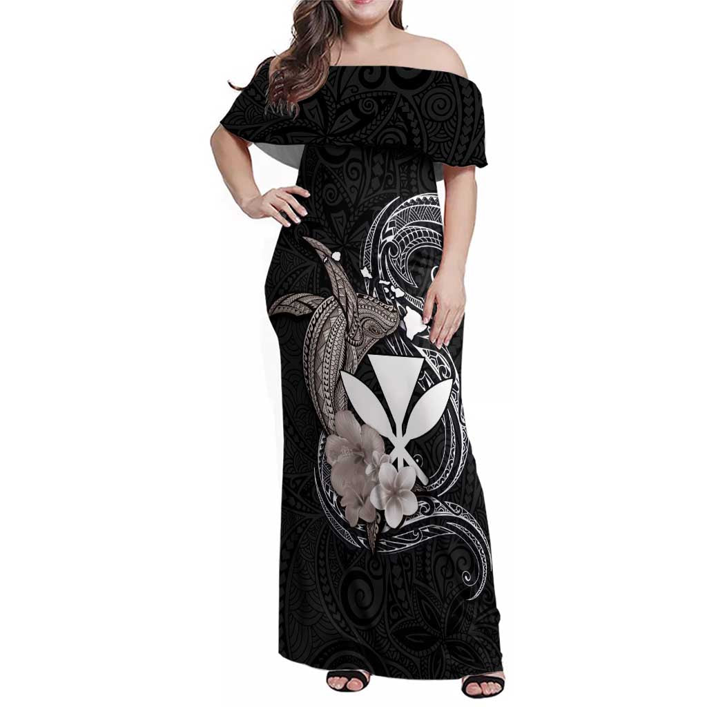 Hawaiian Whale and Kanaka Maoli Symbol Family Matching Off Shoulder Maxi Dress and Hawaiian Shirt Hibiscus with Hawaii Map and Polynesian Tattoo Grayscale Color LT03 Mom's Dress Black - Polynesian Pride