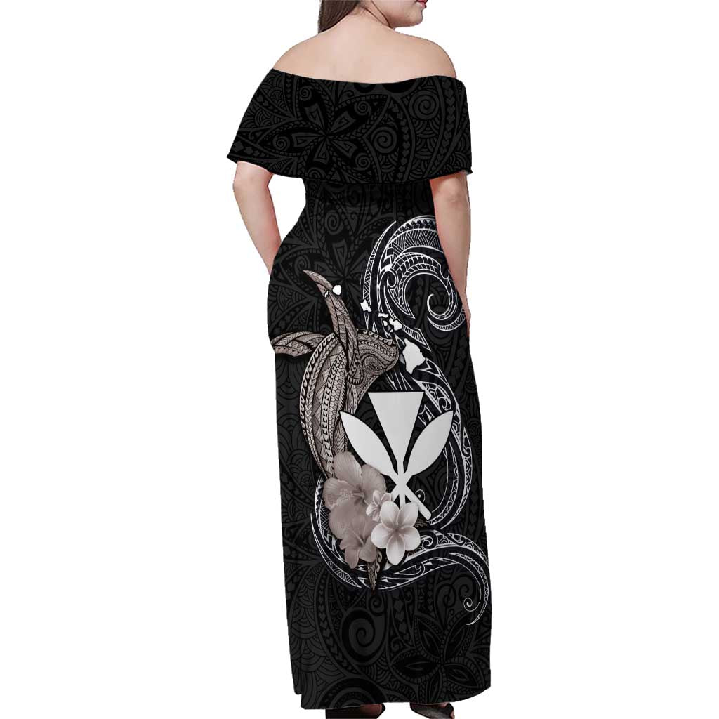 Hawaiian Whale and Kanaka Maoli Symbol Family Matching Off Shoulder Maxi Dress and Hawaiian Shirt Hibiscus with Hawaii Map and Polynesian Tattoo Grayscale Color LT03 - Polynesian Pride