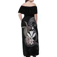 Hawaiian Whale and Kanaka Maoli Symbol Family Matching Off Shoulder Maxi Dress and Hawaiian Shirt Hibiscus with Hawaii Map and Polynesian Tattoo Grayscale Color LT03 - Polynesian Pride
