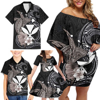 Hawaiian Whale and Kanaka Maoli Symbol Family Matching Off Shoulder Short Dress and Hawaiian Shirt Hibiscus with Hawaii Map and Polynesian Tattoo Grayscale Color LT03 - Polynesian Pride