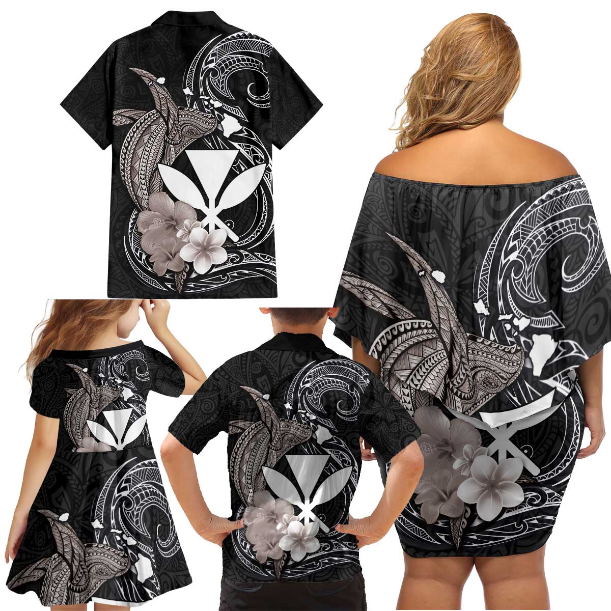 Hawaiian Whale and Kanaka Maoli Symbol Family Matching Off Shoulder Short Dress and Hawaiian Shirt Hibiscus with Hawaii Map and Polynesian Tattoo Grayscale Color LT03 - Polynesian Pride