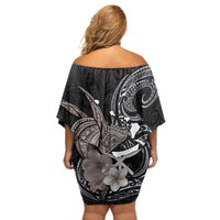 Hawaiian Whale and Kanaka Maoli Symbol Family Matching Off Shoulder Short Dress and Hawaiian Shirt Hibiscus with Hawaii Map and Polynesian Tattoo Grayscale Color LT03 - Polynesian Pride