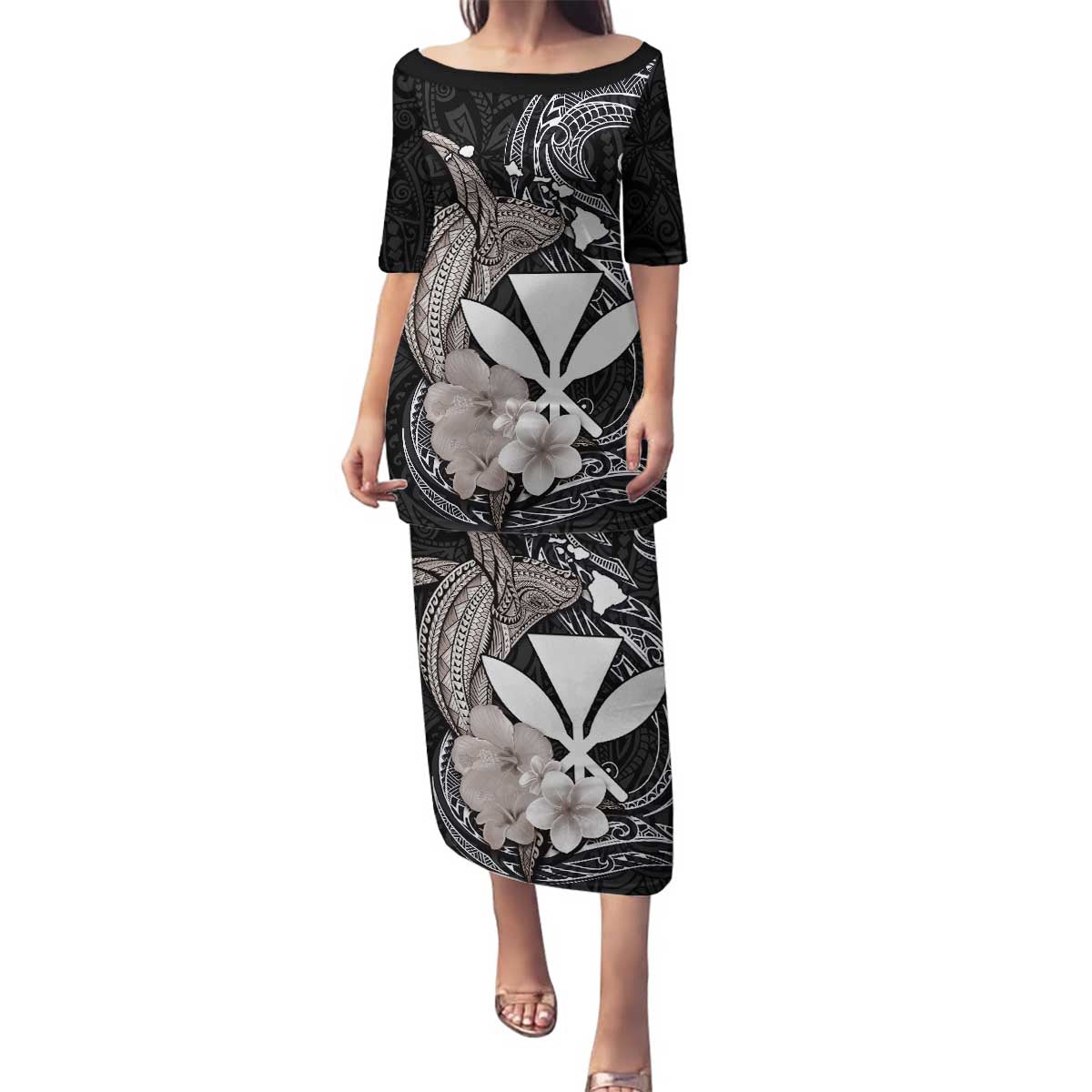 Hawaiian Whale and Kanaka Maoli Symbol Family Matching Puletasi and Hawaiian Shirt Hibiscus with Hawaii Map and Polynesian Tattoo Grayscale Color LT03 Mom's Dress Black - Polynesian Pride