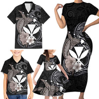 Hawaiian Whale and Kanaka Maoli Symbol Family Matching Short Sleeve Bodycon Dress and Hawaiian Shirt Hibiscus with Hawaii Map and Polynesian Tattoo Grayscale Color LT03 - Polynesian Pride