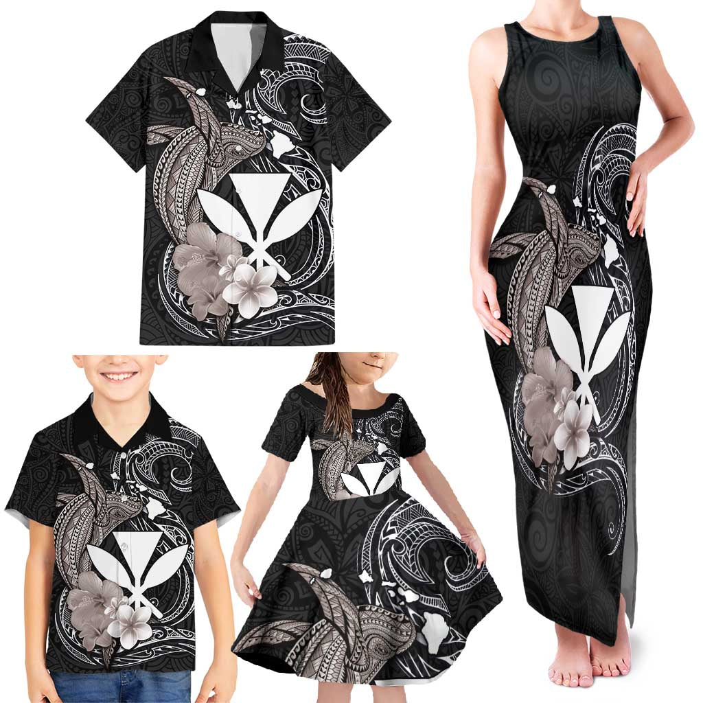 Hawaiian Whale and Kanaka Maoli Symbol Family Matching Tank Maxi Dress and Hawaiian Shirt Hibiscus with Hawaii Map and Polynesian Tattoo Grayscale Color LT03 - Polynesian Pride