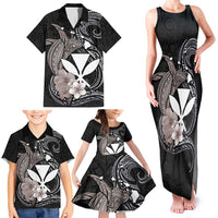 Hawaiian Whale and Kanaka Maoli Symbol Family Matching Tank Maxi Dress and Hawaiian Shirt Hibiscus with Hawaii Map and Polynesian Tattoo Grayscale Color LT03 - Polynesian Pride
