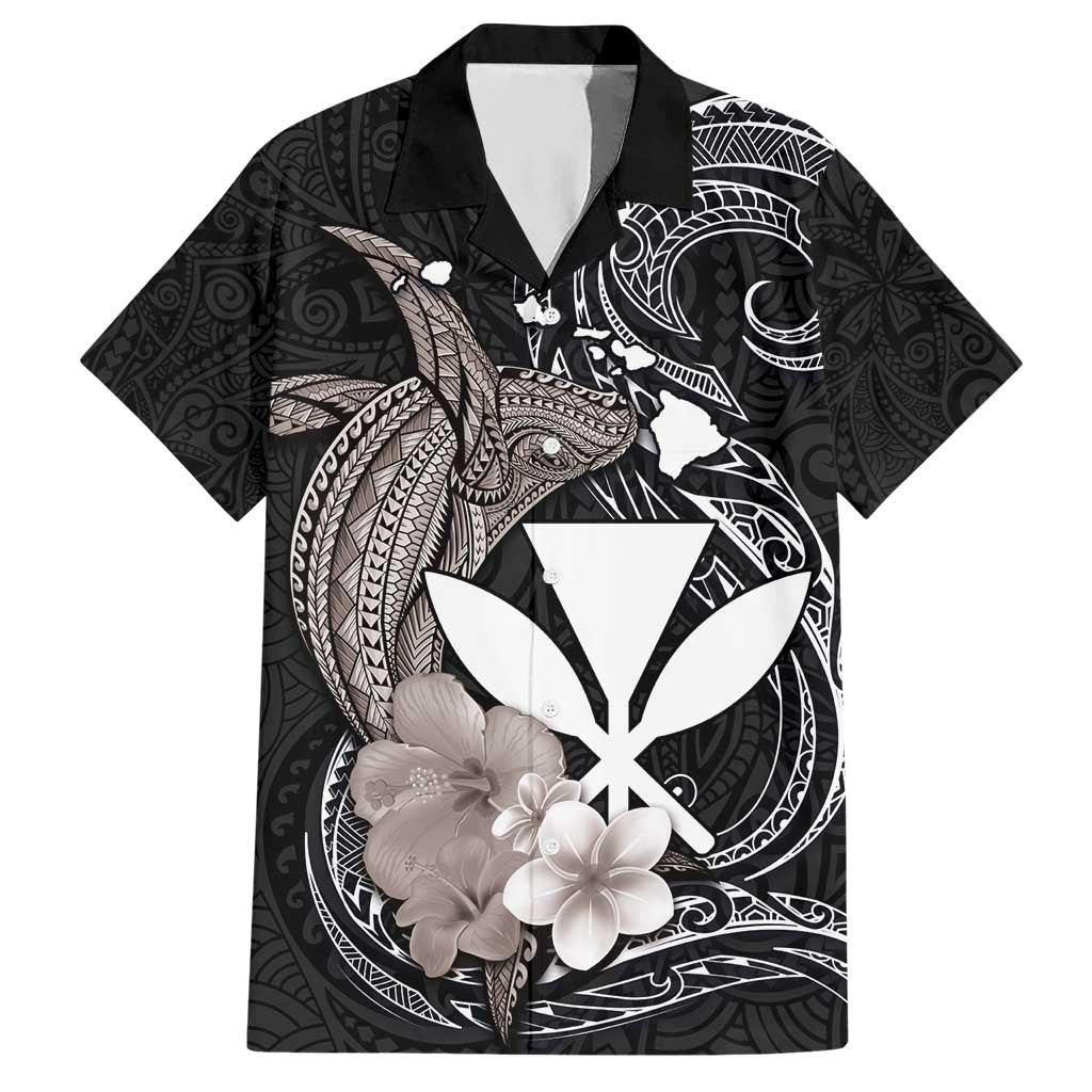 Hawaiian Whale and Kanaka Maoli Symbol Hawaiian Shirt Hibiscus with Hawaii Map and Polynesian Tattoo Grayscale Color LT03 Black - Polynesian Pride
