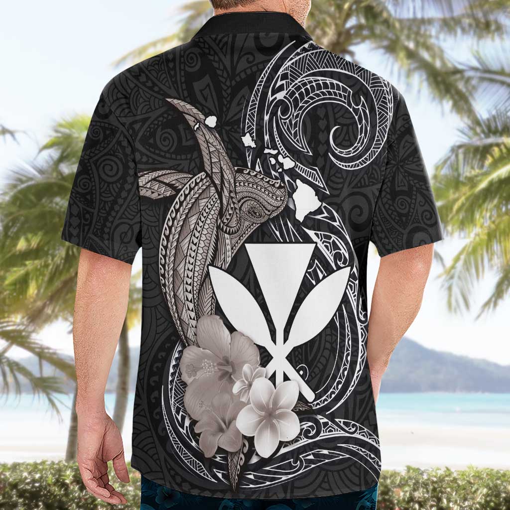 Hawaiian Whale and Kanaka Maoli Symbol Hawaiian Shirt Hibiscus with Hawaii Map and Polynesian Tattoo Grayscale Color LT03 - Polynesian Pride