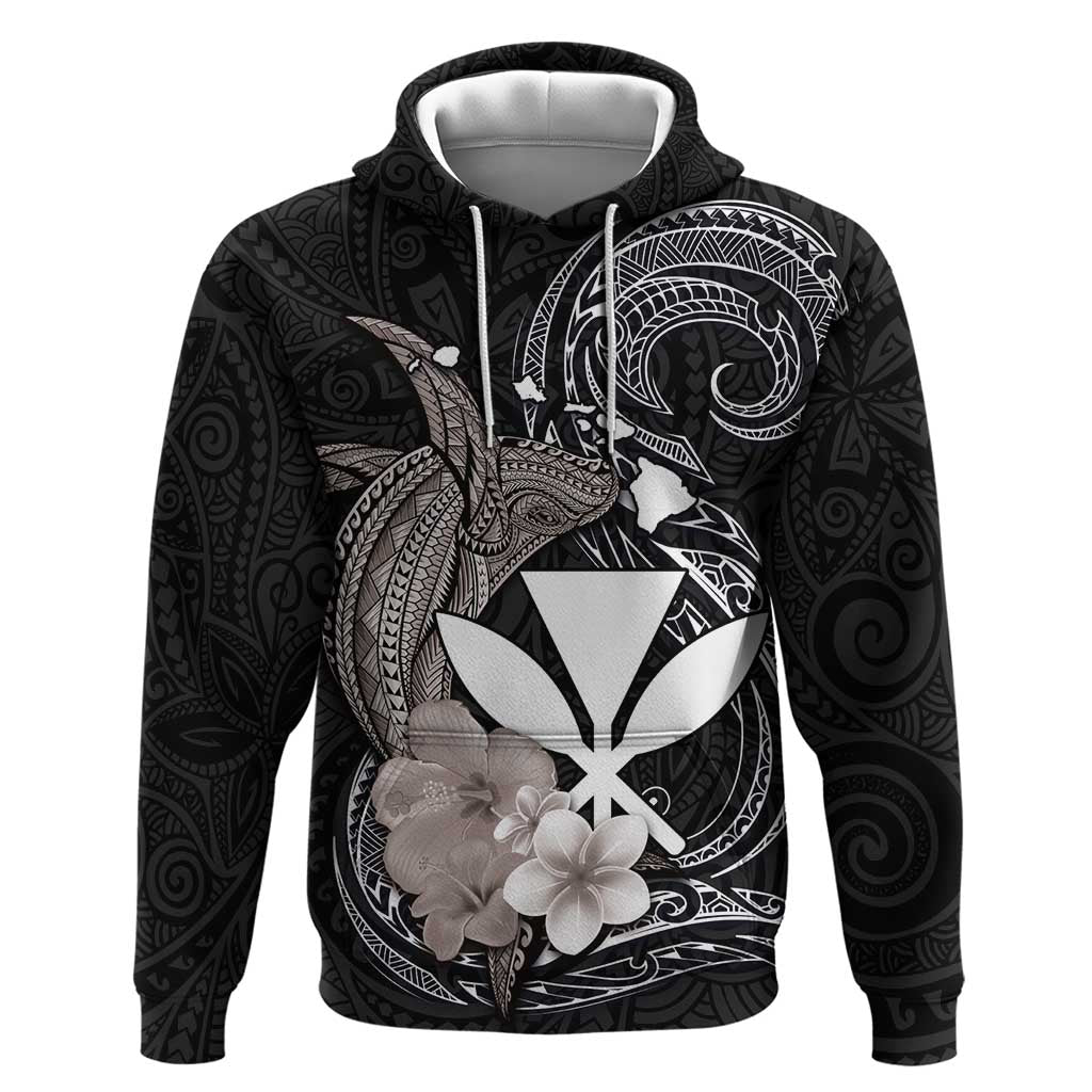 Hawaiian Whale and Kanaka Maoli Symbol Hoodie Hibiscus with Hawaii Map and Polynesian Tattoo Grayscale Color LT03 Pullover Hoodie Black - Polynesian Pride
