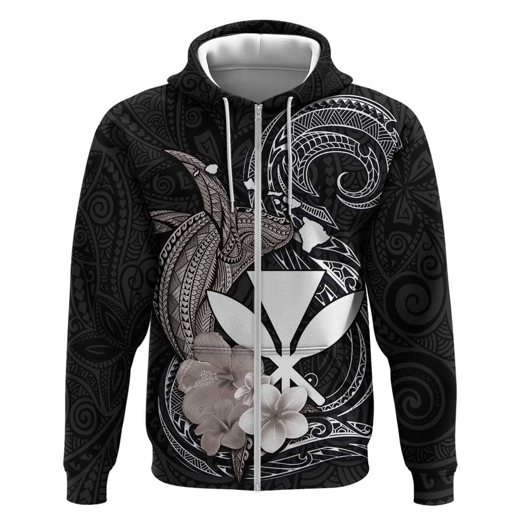 Hawaiian Whale and Kanaka Maoli Symbol Hoodie Hibiscus with Hawaii Map and Polynesian Tattoo Grayscale Color LT03 Zip Hoodie Black - Polynesian Pride