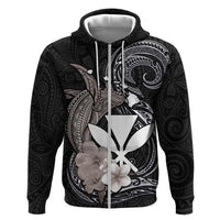 Hawaiian Whale and Kanaka Maoli Symbol Hoodie Hibiscus with Hawaii Map and Polynesian Tattoo Grayscale Color LT03 Zip Hoodie Black - Polynesian Pride