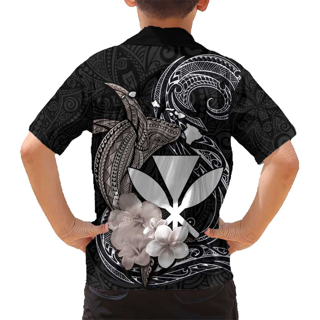 Hawaiian Whale and Kanaka Maoli Symbol Kid Hawaiian Shirt Hibiscus with Hawaii Map and Polynesian Tattoo Grayscale Color LT03 - Polynesian Pride