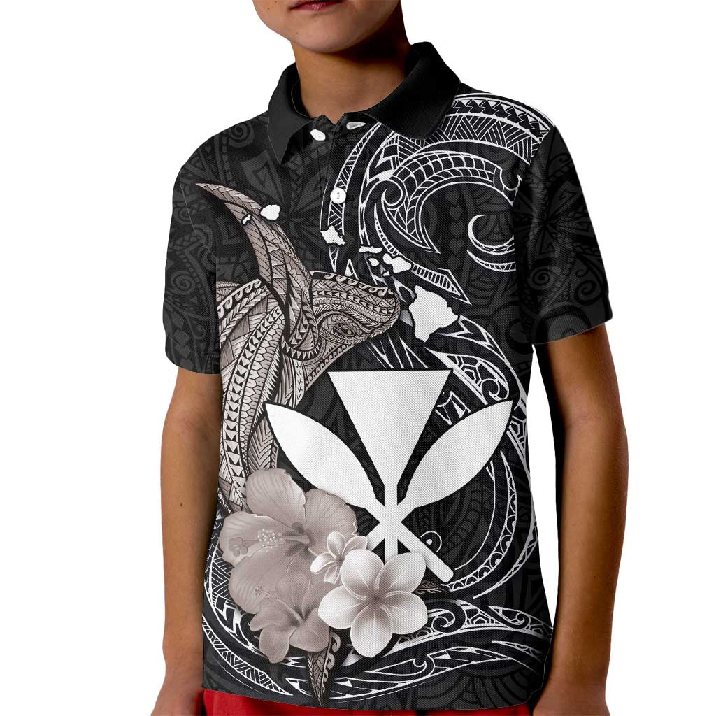 Hawaiian Whale and Kanaka Maoli Symbol Kid Polo Shirt Hibiscus with Hawaii Map and Polynesian Tattoo Grayscale Color LT03 Kid Black - Polynesian Pride