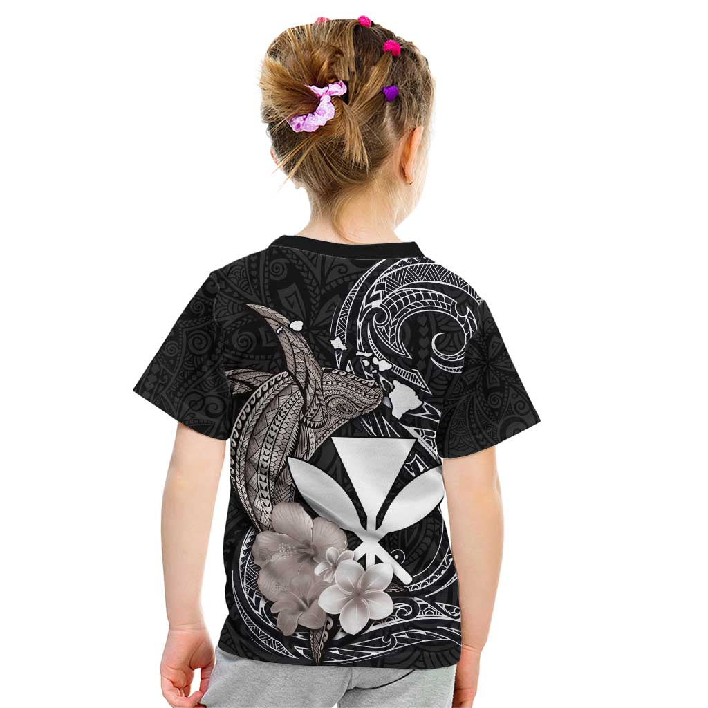 Hawaiian Whale and Kanaka Maoli Symbol Kid T Shirt Hibiscus with Hawaii Map and Polynesian Tattoo Grayscale Color LT03 - Polynesian Pride