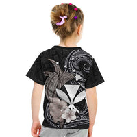 Hawaiian Whale and Kanaka Maoli Symbol Kid T Shirt Hibiscus with Hawaii Map and Polynesian Tattoo Grayscale Color LT03 - Polynesian Pride