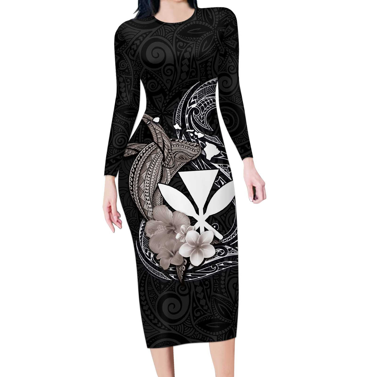 Hawaiian Whale and Kanaka Maoli Symbol Long Sleeve Bodycon Dress Hibiscus with Hawaii Map and Polynesian Tattoo Grayscale Color LT03 Long Dress Black - Polynesian Pride
