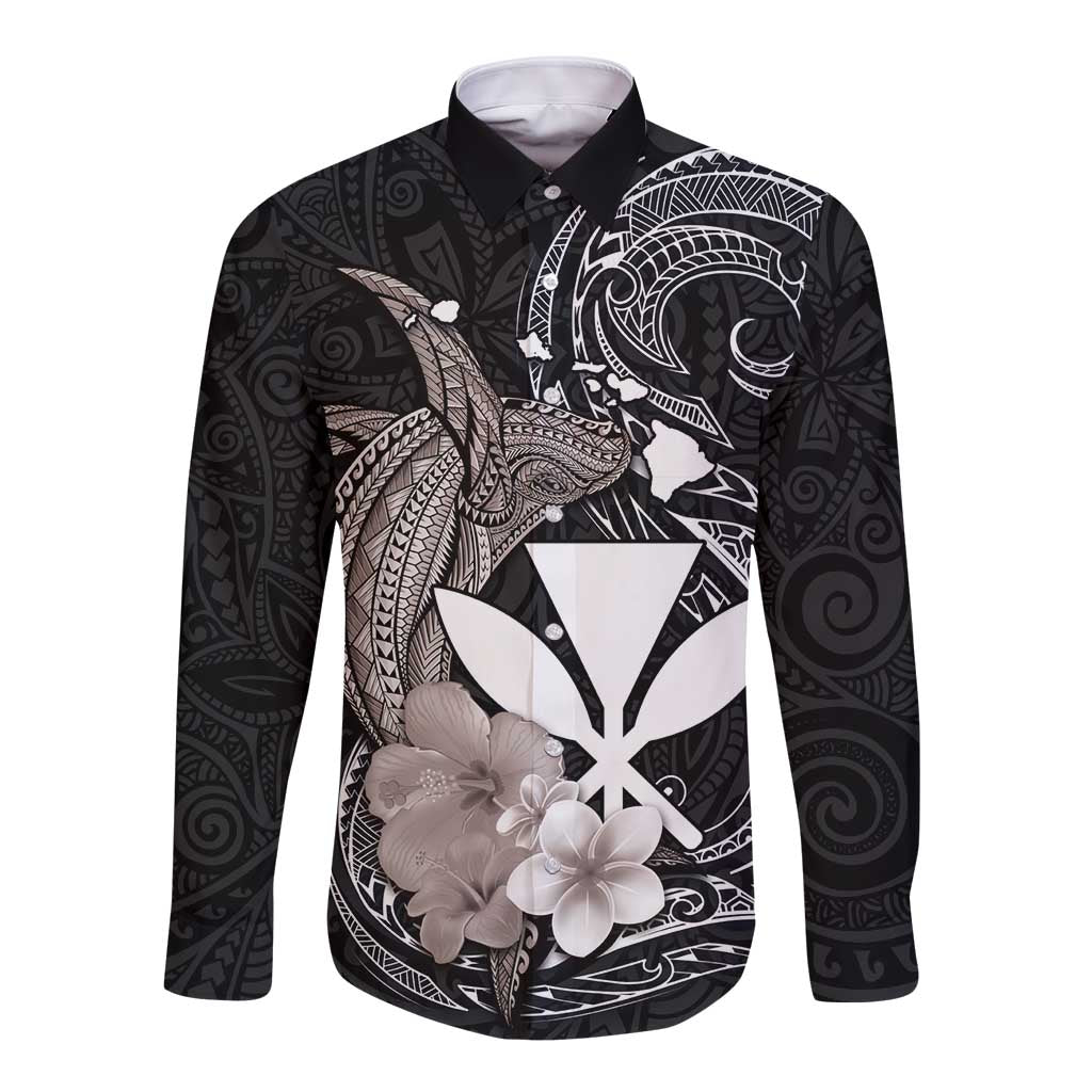 Hawaiian Whale and Kanaka Maoli Symbol Long Sleeve Button Shirt Hibiscus with Hawaii Map and Polynesian Tattoo Grayscale Color LT03 Unisex Black - Polynesian Pride