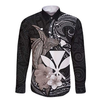 Hawaiian Whale and Kanaka Maoli Symbol Long Sleeve Button Shirt Hibiscus with Hawaii Map and Polynesian Tattoo Grayscale Color LT03 Unisex Black - Polynesian Pride