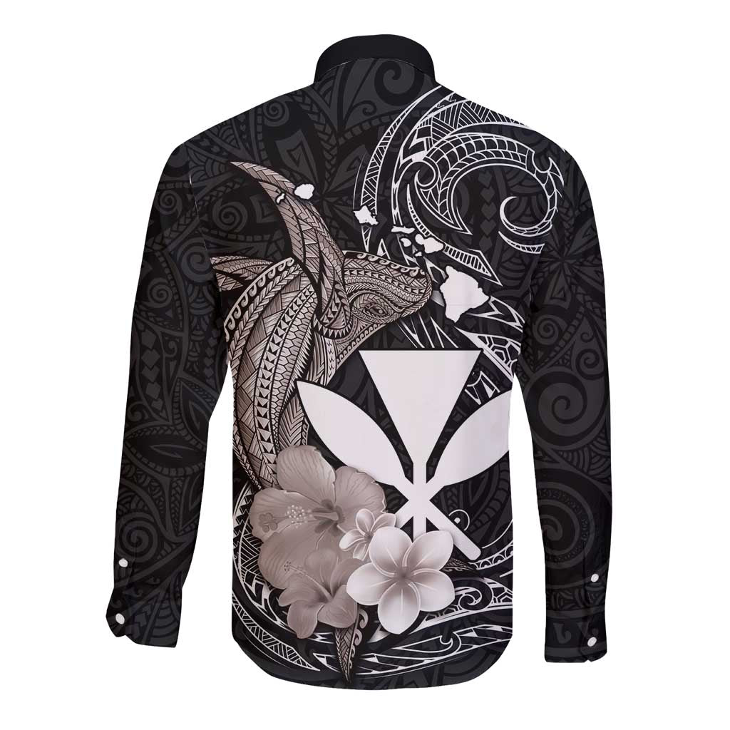 Hawaiian Whale and Kanaka Maoli Symbol Long Sleeve Button Shirt Hibiscus with Hawaii Map and Polynesian Tattoo Grayscale Color LT03 - Polynesian Pride