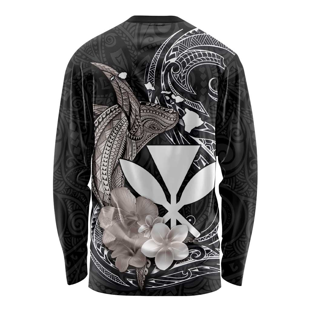 Hawaiian Whale and Kanaka Maoli Symbol Long Sleeve Shirt Hibiscus with Hawaii Map and Polynesian Tattoo Grayscale Color LT03 - Polynesian Pride