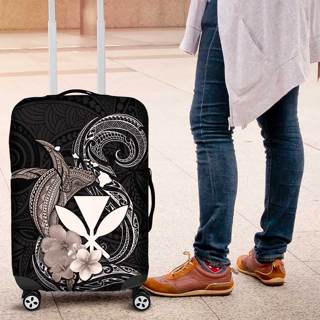 Hawaiian Whale and Kanaka Maoli Symbol Luggage Cover Hibiscus with Hawaii Map and Polynesian Tattoo Grayscale Color LT03 Black - Polynesian Pride