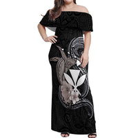 Hawaiian Whale and Kanaka Maoli Symbol Off Shoulder Maxi Dress Hibiscus with Hawaii Map and Polynesian Tattoo Grayscale Color LT03 Women Black - Polynesian Pride