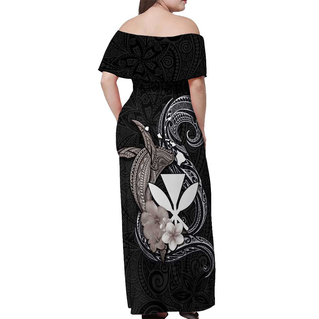 Hawaiian Whale and Kanaka Maoli Symbol Off Shoulder Maxi Dress Hibiscus with Hawaii Map and Polynesian Tattoo Grayscale Color LT03 - Polynesian Pride